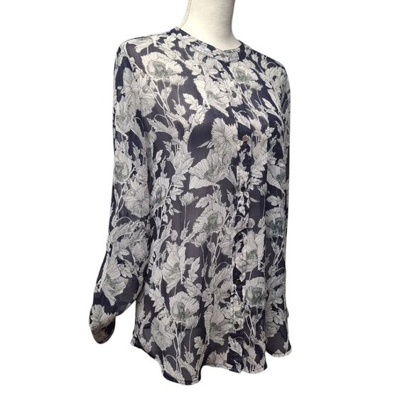 Liz Claiborne Sheer Top Button Down Blue Floral Long Sleeve Medium Blouse - Picture 1 of 13